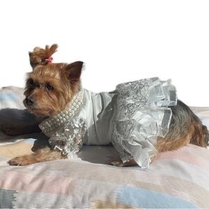 Buffy Pet home dress white tulle Gray silver accent formal dress up wear New M